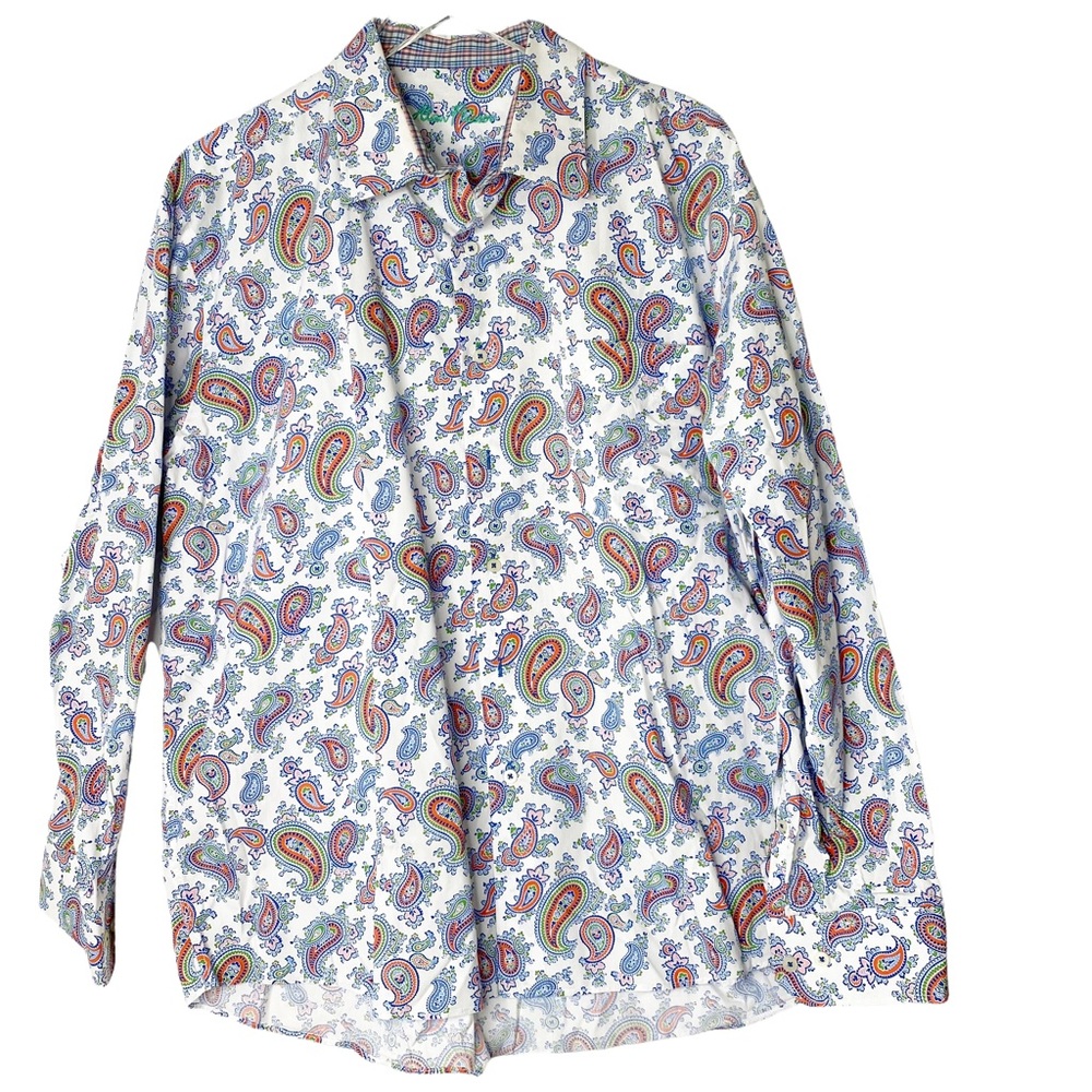 Alan Flusser Paisley Button Down Casual Shirt Plaid Cuffs XXL